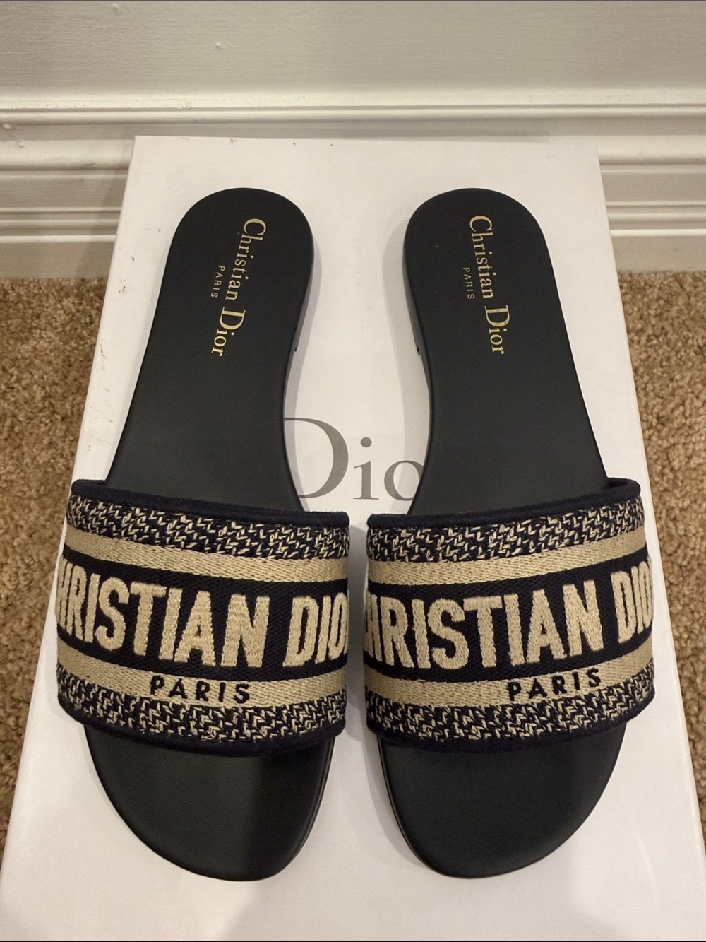CHRISTIAN DIOR Dway Slide Sandals – Navy Oblique Logo – Size 37